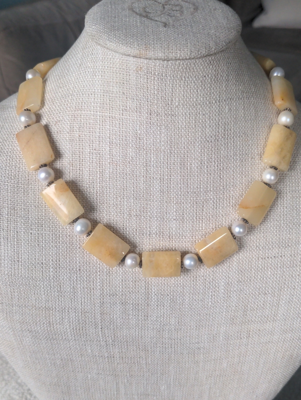 New Pearl & Yellow Opal Gemstone  Necklace Choker, 16"+2", Unique,